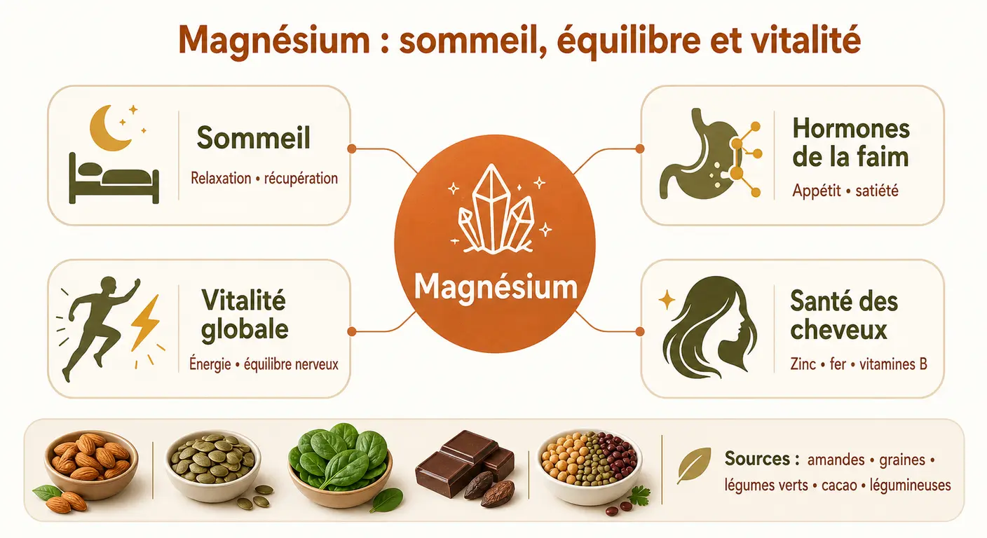 Infographie magnésium, sommeil, hormones de la faim et vitalité