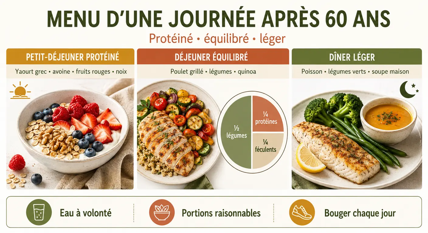 Menu type d'une journée pour maigrir après 60 ans