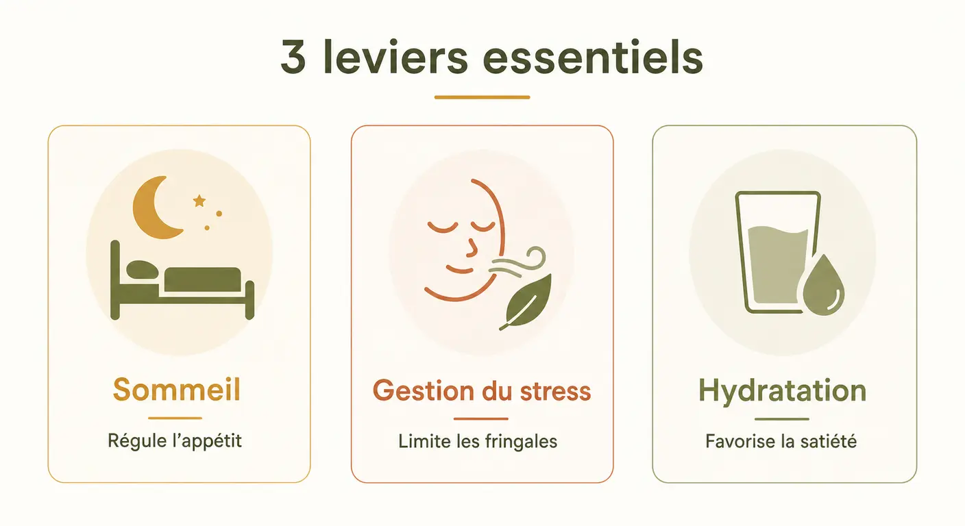 Infographie des leviers sommeil, stress et hydratation pour maigrir