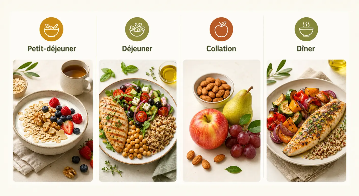 Infographie d'un menu type d'une journée pour maigrir sans régime