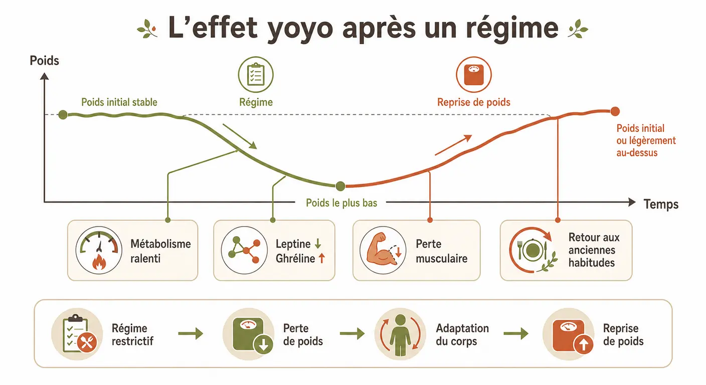 Infographie expliquant l'effet yoyo et les causes de reprise de poids après un régime