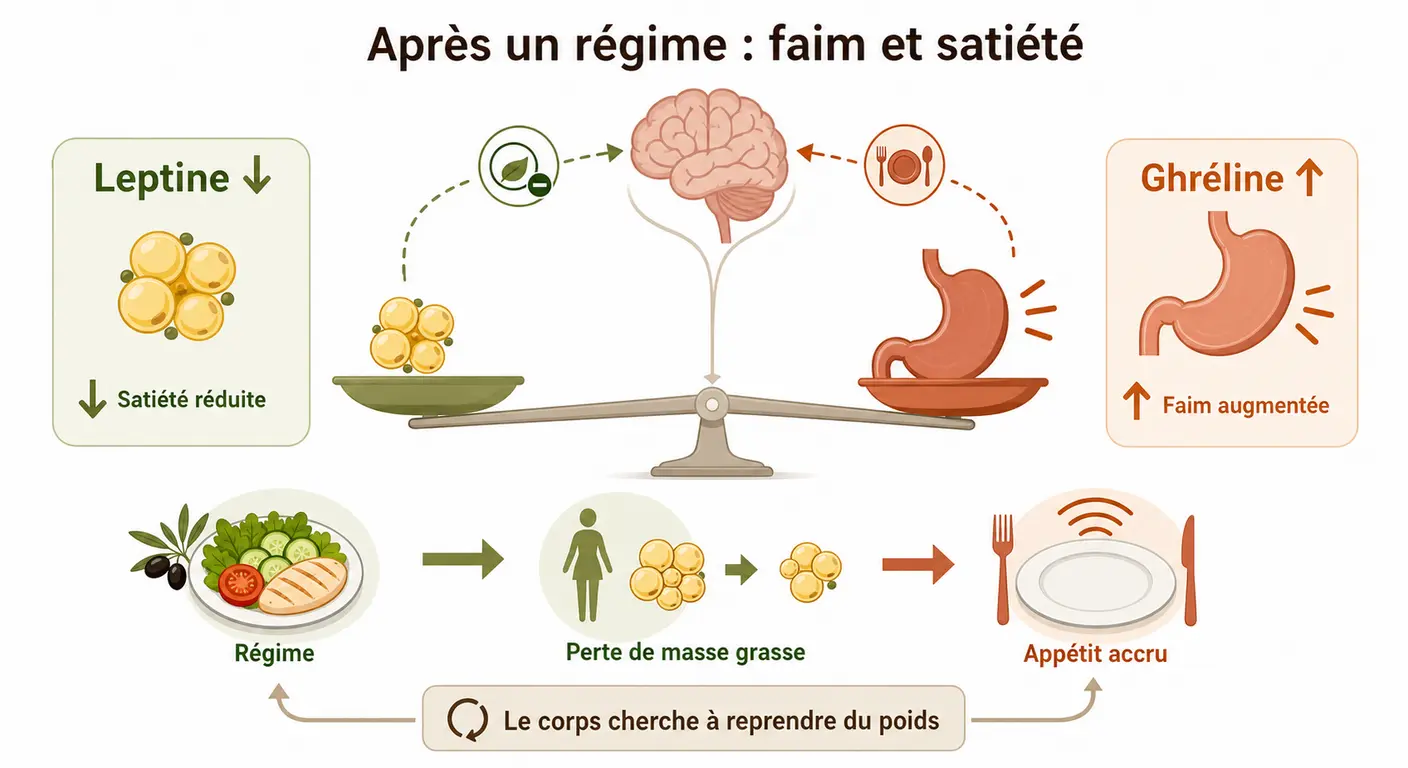 Infographie du rôle de la leptine et de la ghréline dans la régulation de l'appétit après un régime