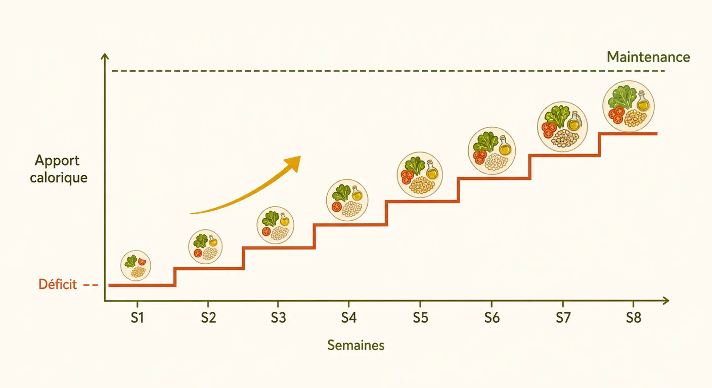 Infographie de la remontée progressive des calories pendant la phase de stabilisation