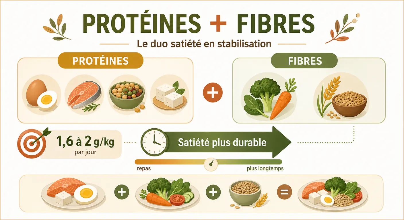 Infographie du duo protéines et fibres pour une satiété durable en stabilisation