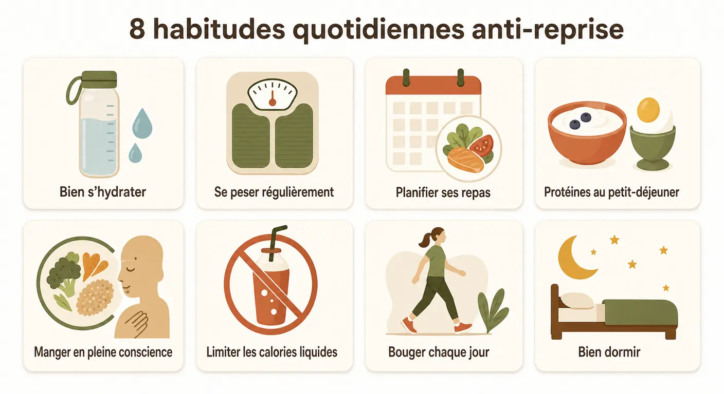 Infographie des 8 habitudes quotidiennes pour ne pas reprendre les kilos perdus