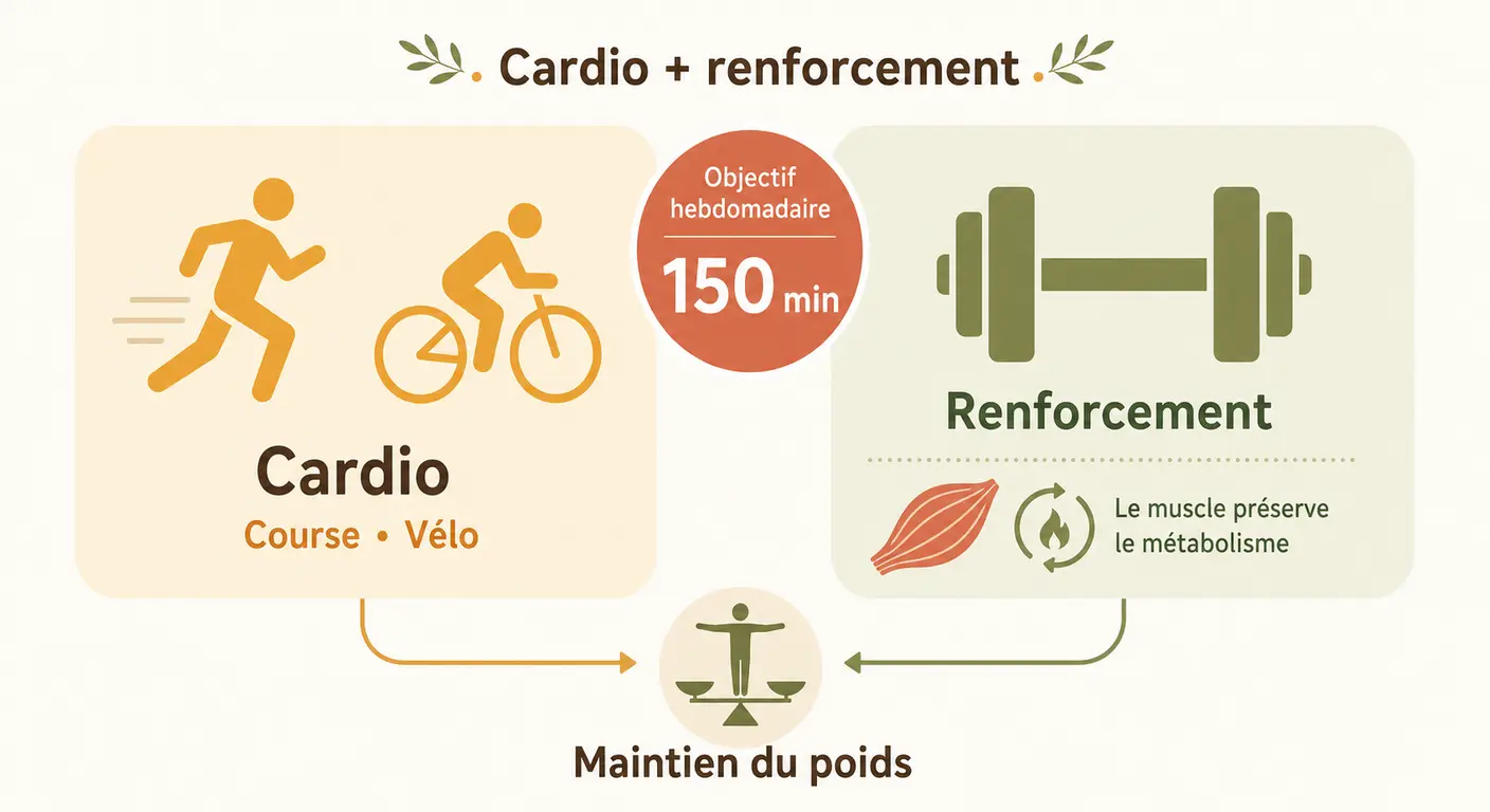 Infographie combinant cardio et renforcement pour le maintien du poids de forme