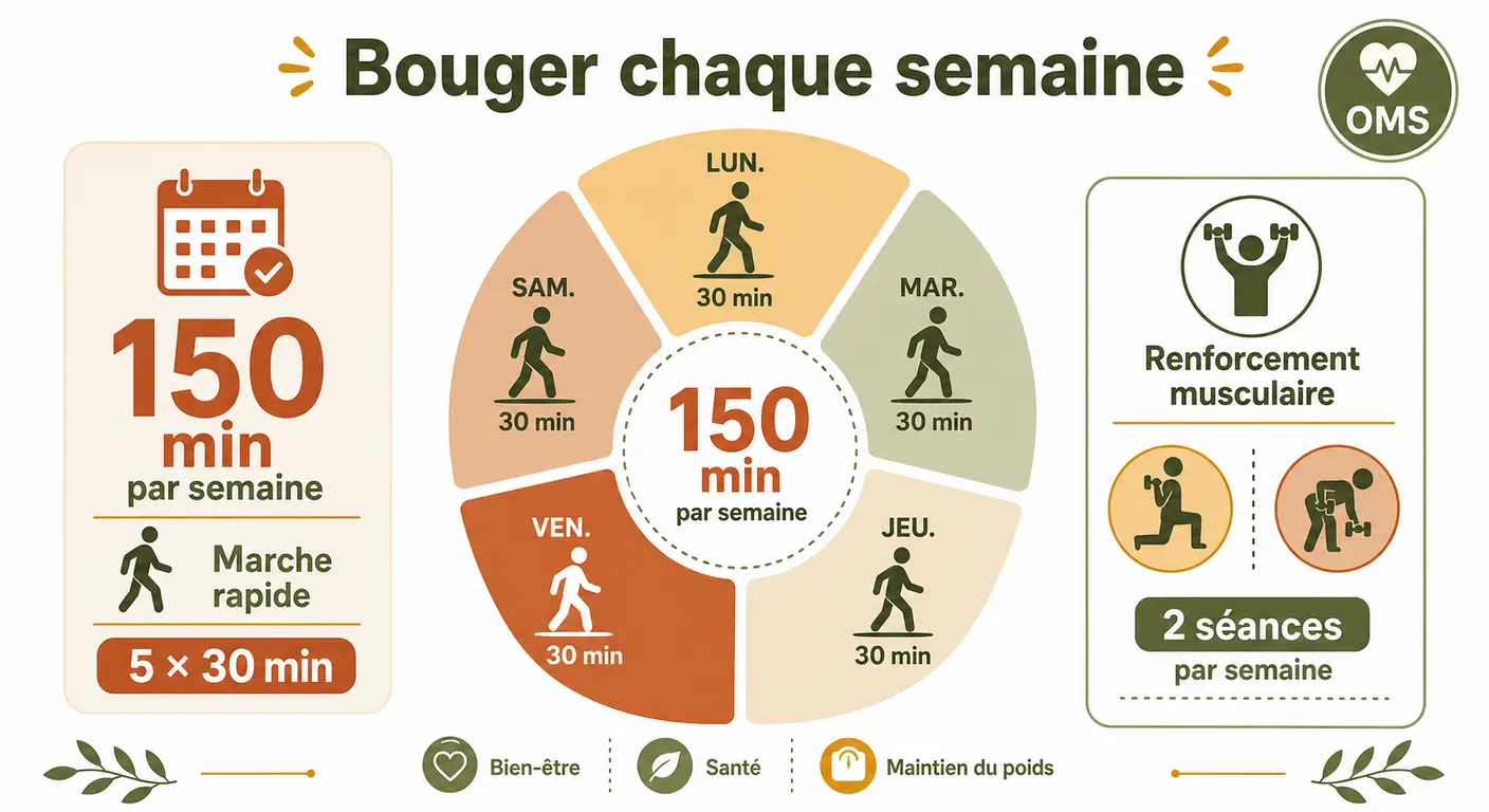 Infographie de la répartition hebdomadaire de l'activité physique recommandée pour le maintien du poids