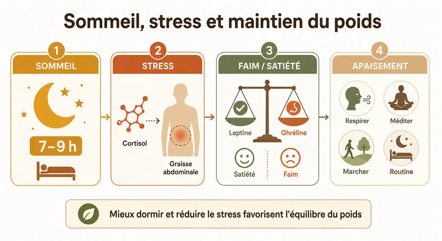 Infographie du lien entre sommeil, stress et maintien du poids