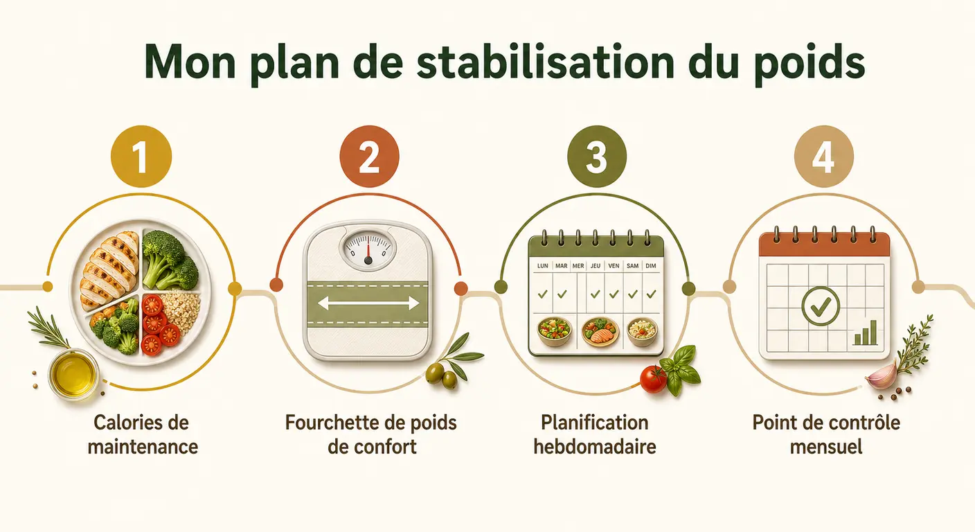Infographie du plan de stabilisation personnalisé après un régime en 4 étapes