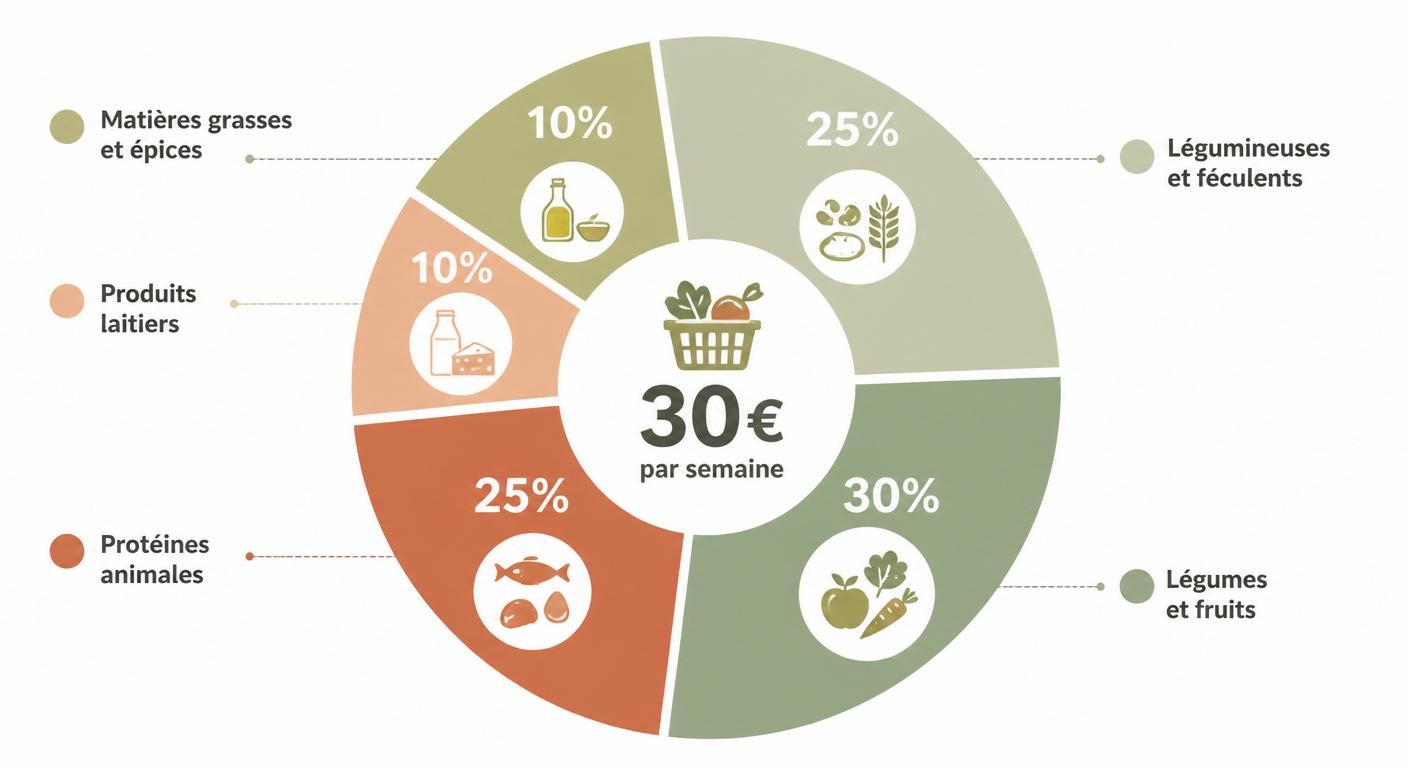 Répartition d'un budget alimentaire hebdomadaire de 30 euros par catégorie