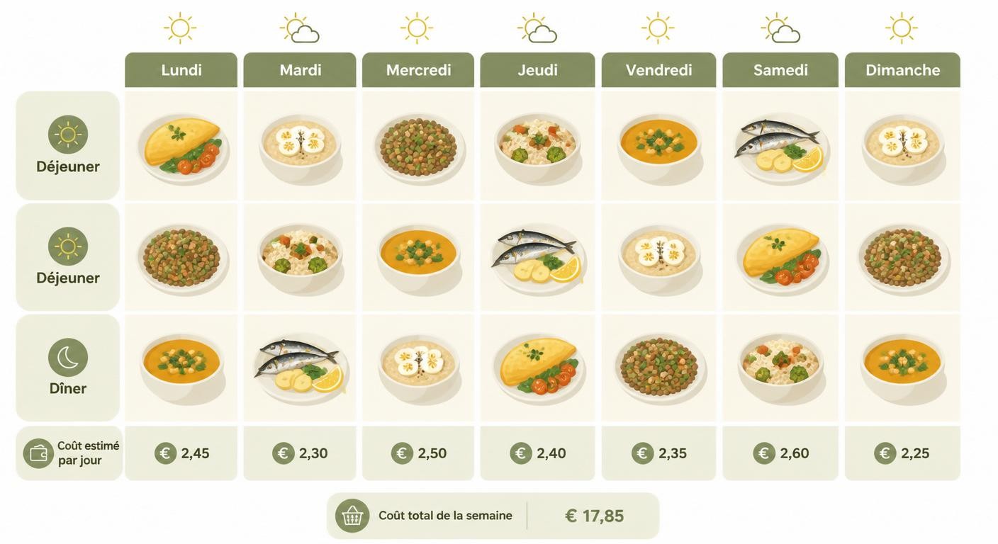 Menu hebdomadaire équilibré chiffré pour une semaine à 30 euros par personne