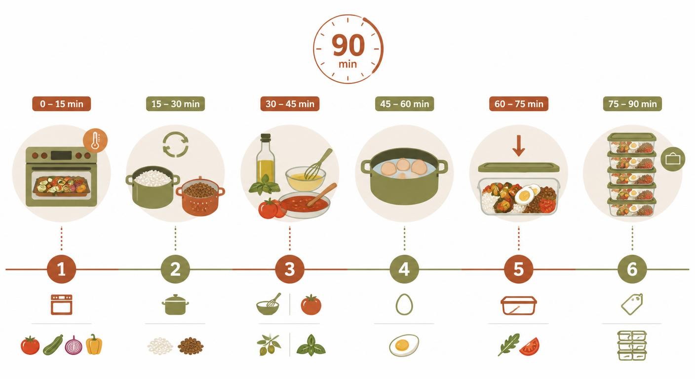 Déroulé chronologique d'une session batch cooking de 90 minutes pour la semaine