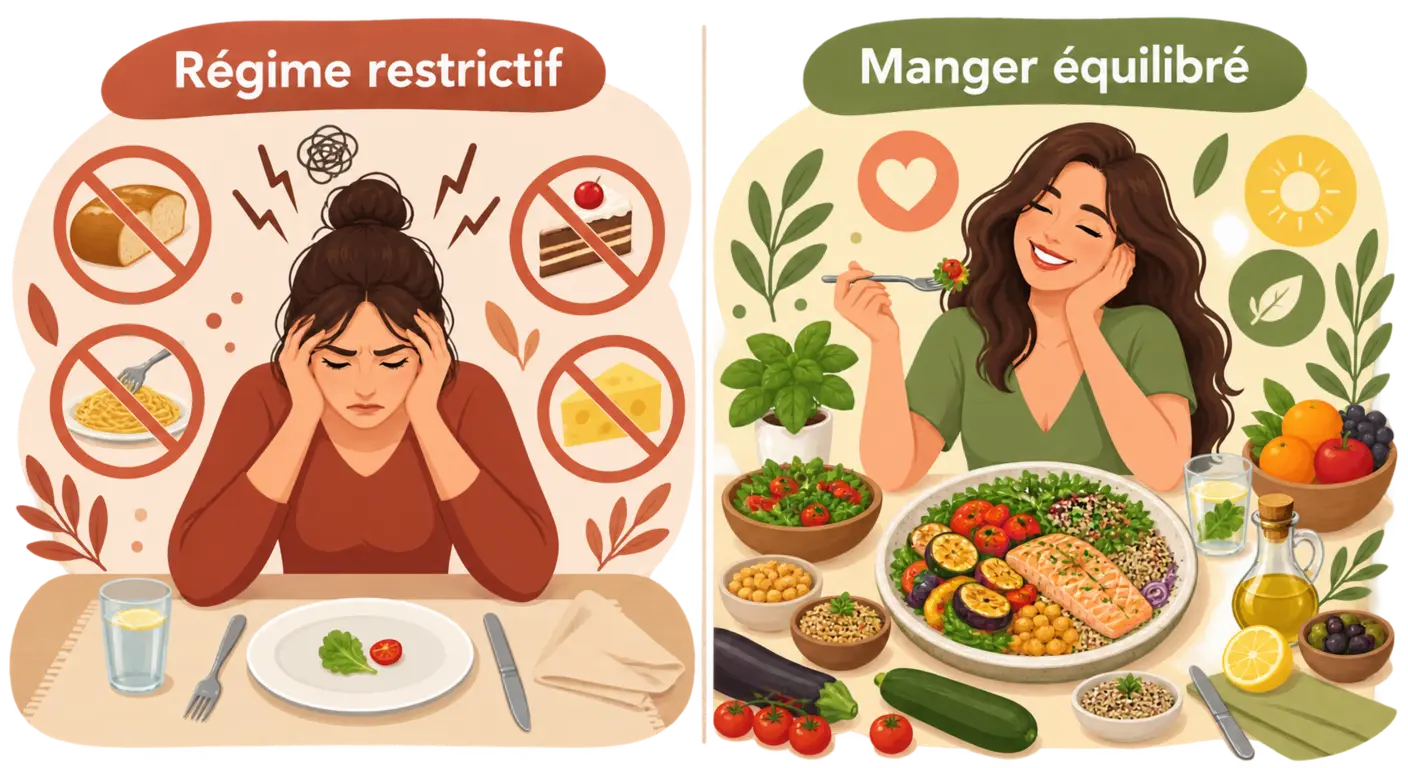 Infographie comparant régime restrictif et manger équilibré sans se priver