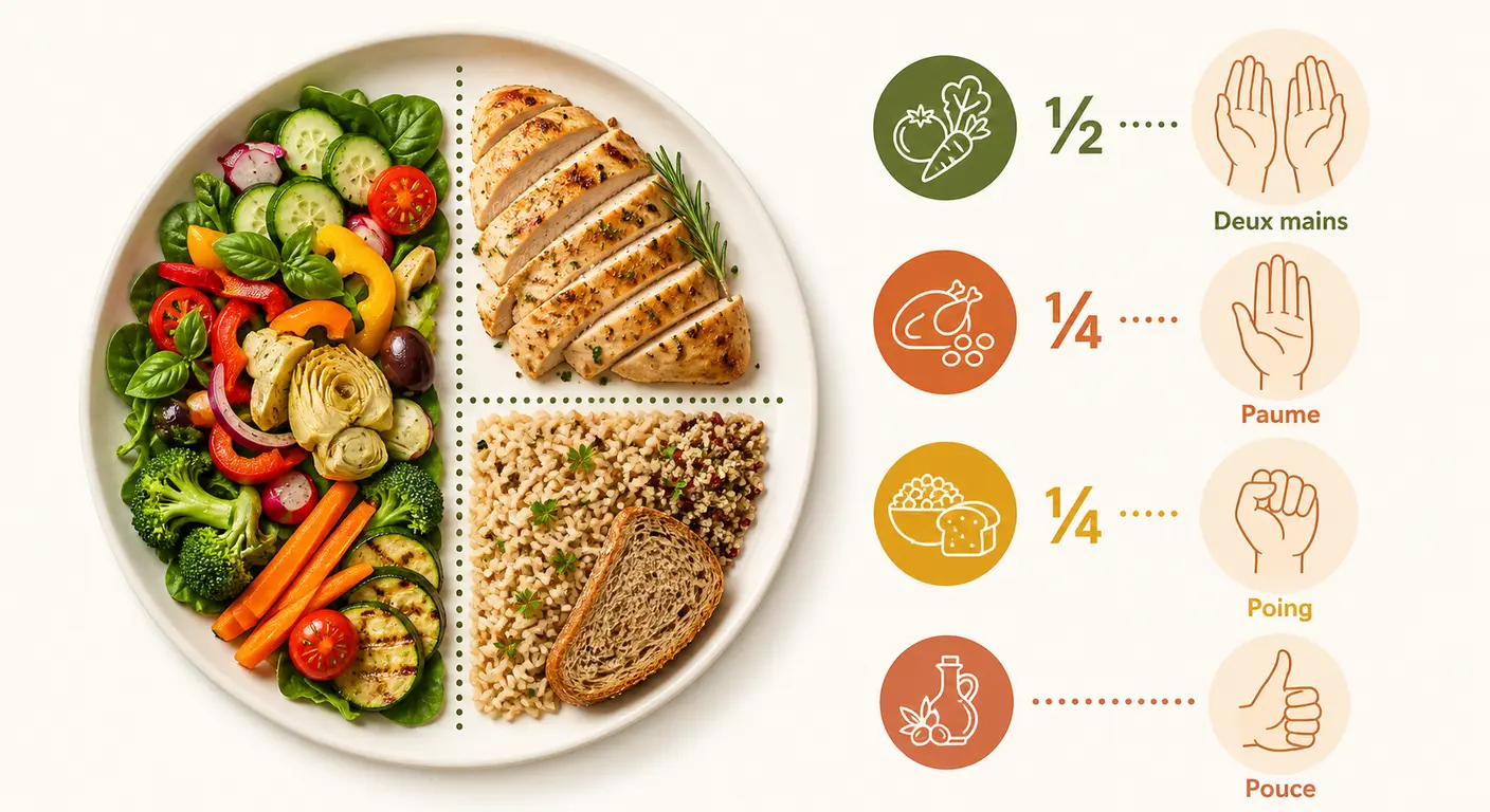Infographie de l'assiette équilibrée et de la méthode de la main pour les portions
