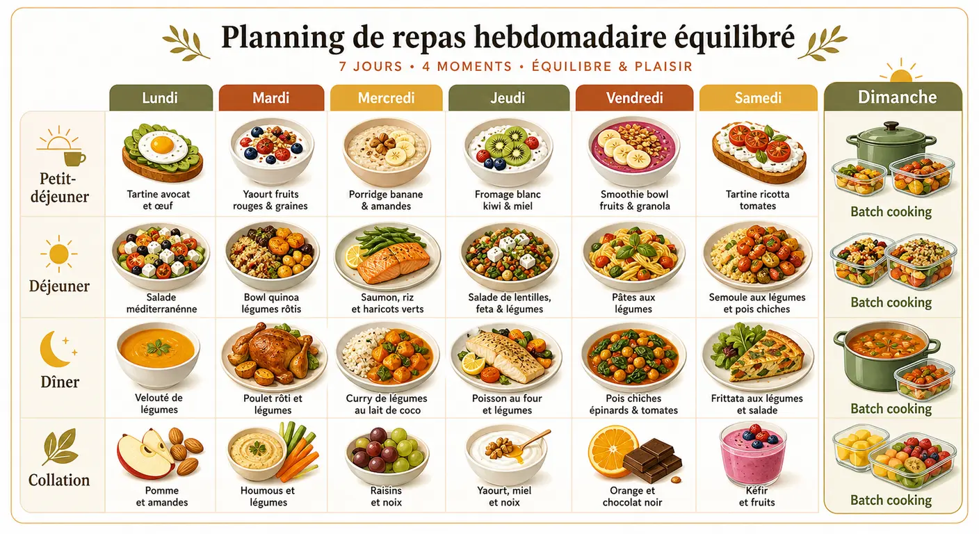Infographie d'un menu type de semaine équilibré et gourmand avec batch cooking