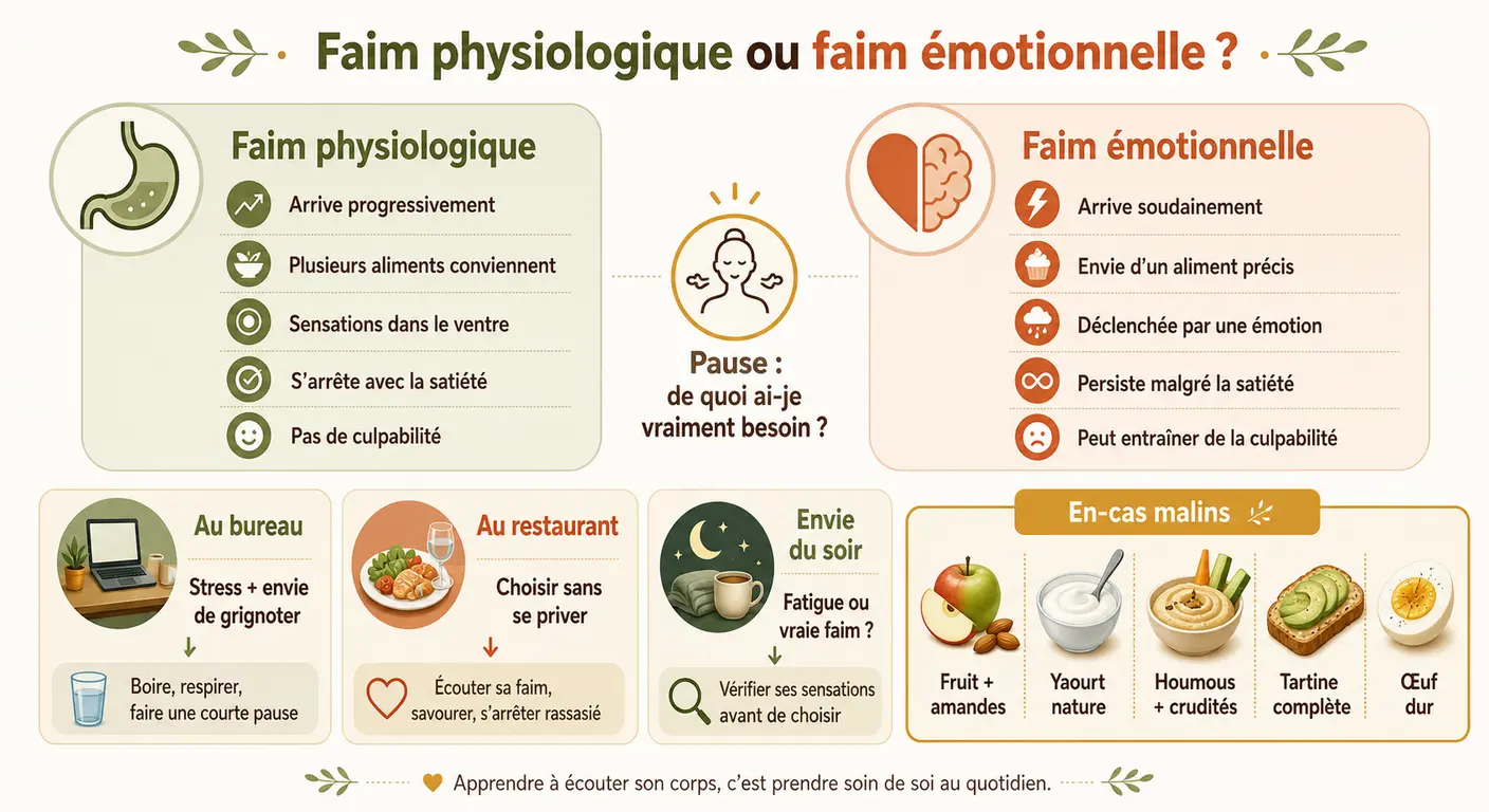 Infographie faim physiologique contre faim émotionnelle et situations du quotidien
