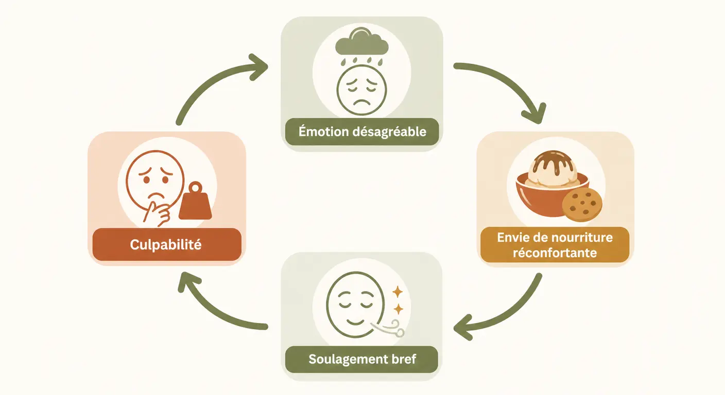 Schéma de la boucle émotion, nourriture, soulagement, culpabilité