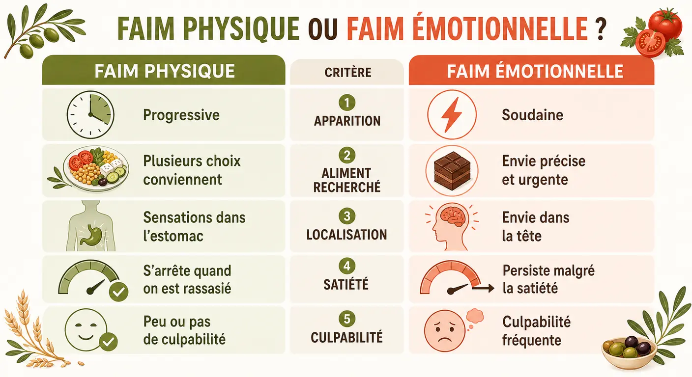 Comparatif visuel entre faim physique et faim émotionnelle