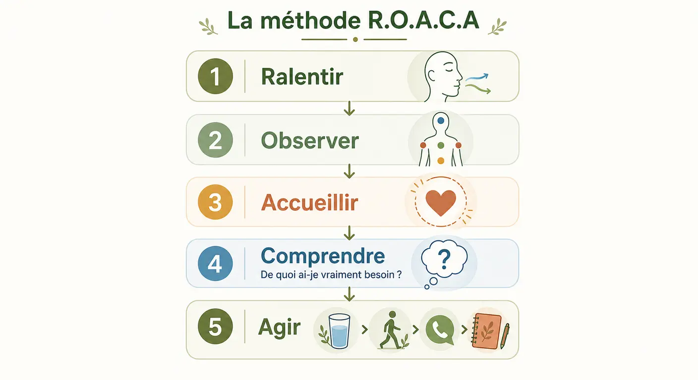 Les cinq étapes de la méthode R.O.A.C.A pour accueillir une émotion sans manger