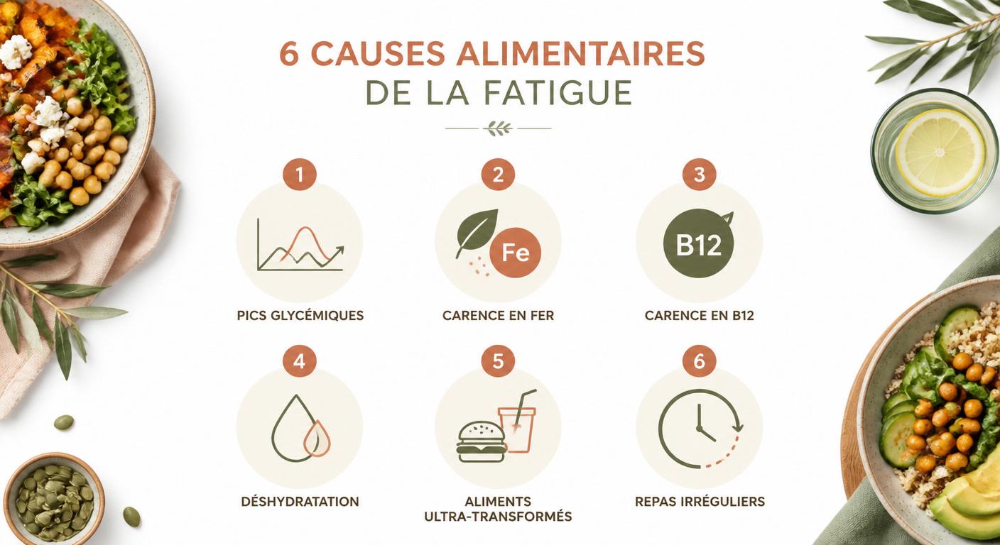 Infographie des 6 causes alimentaires de la fatigue
