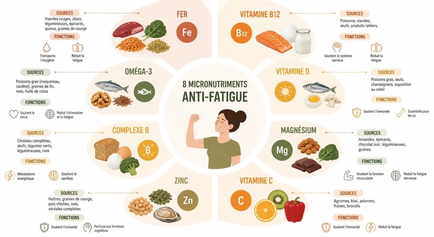 Infographie des 8 micronutriments essentiels contre la fatigue