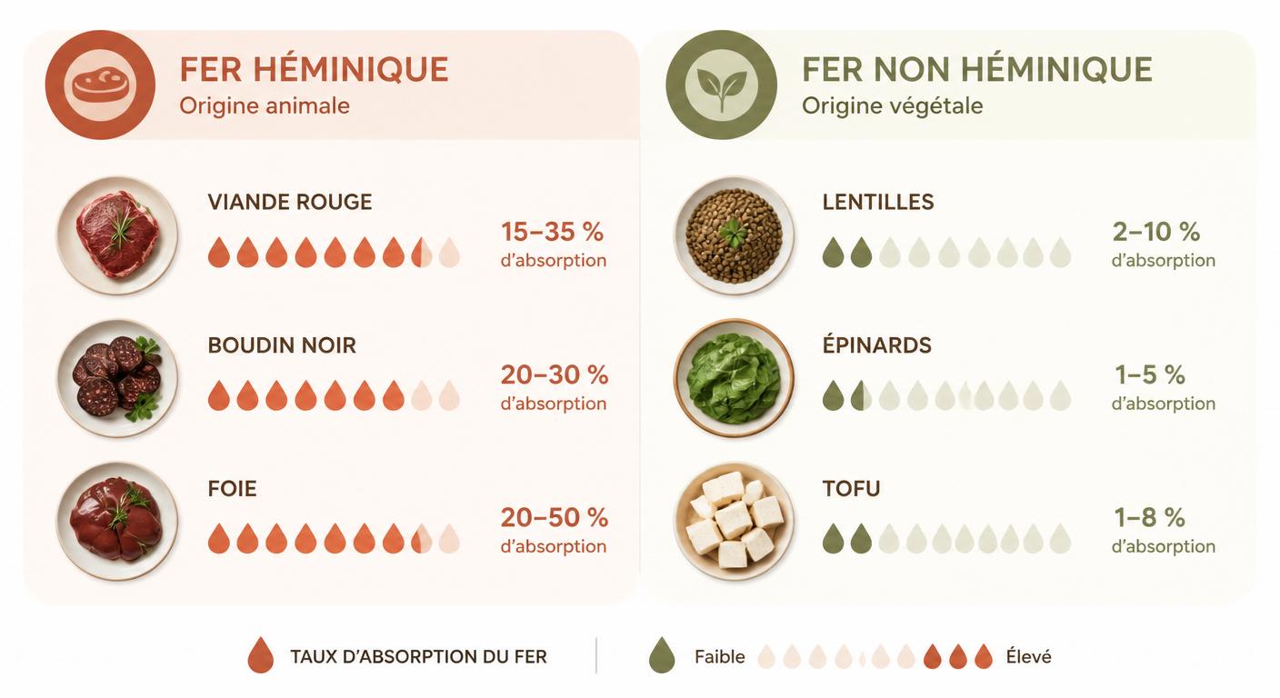 Infographie comparant les sources de fer héminique et non héminique avec taux d'absorption