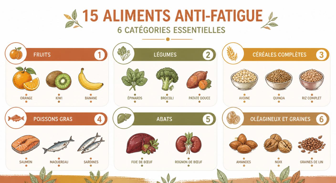Infographie des 15 meilleurs aliments anti-fatigue