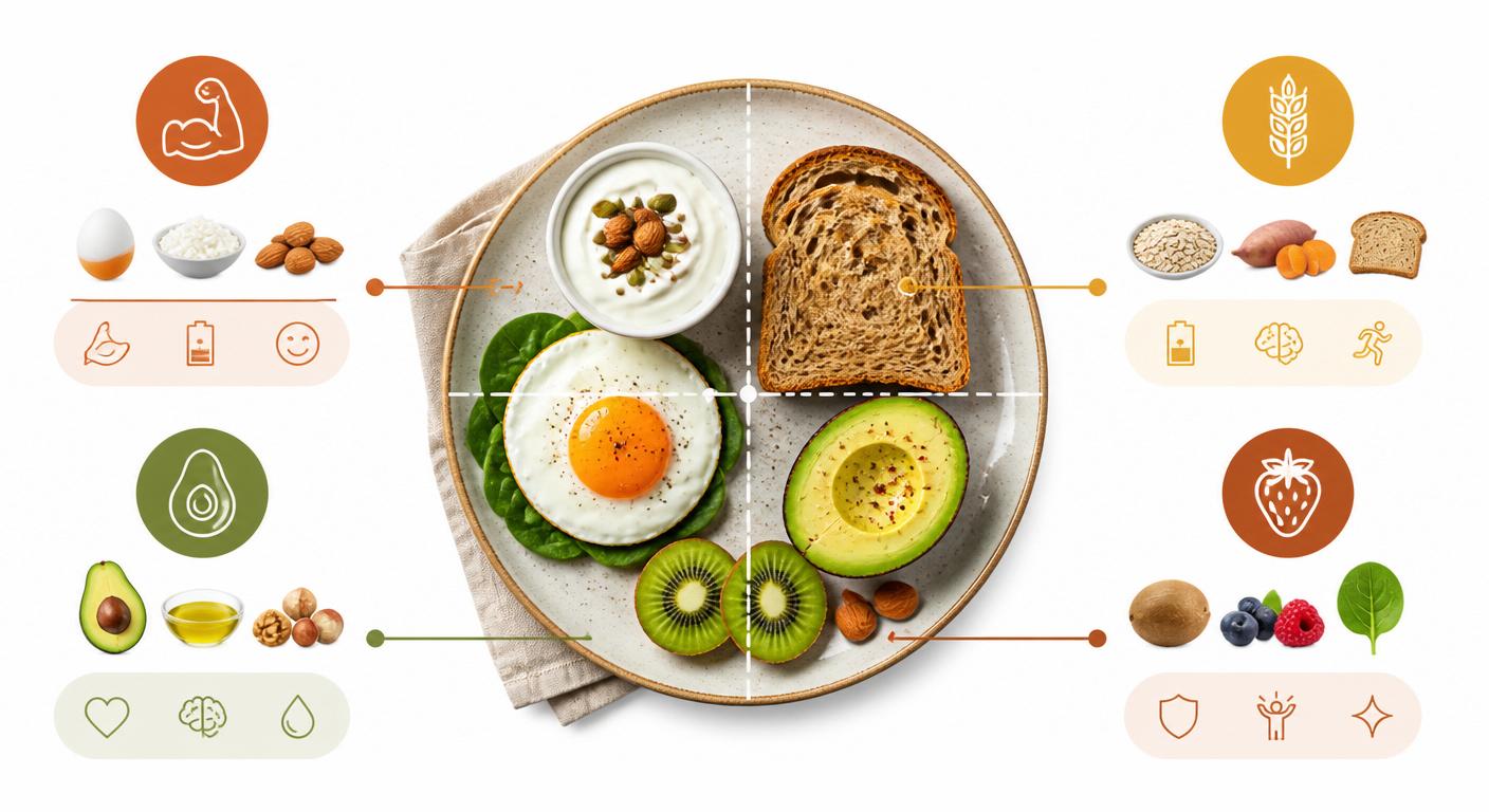 Infographie d'un petit-déjeuner anti-fatigue équilibré