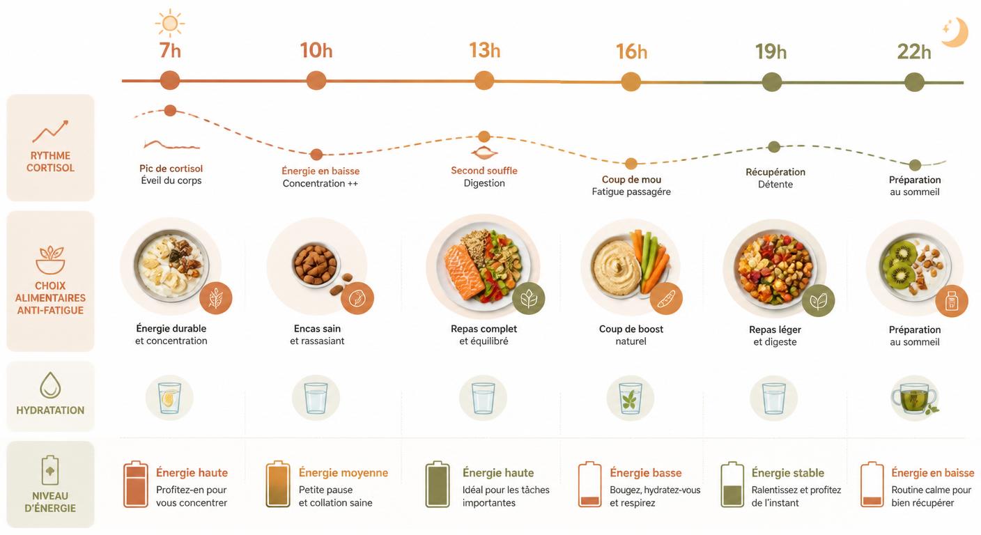 Infographie journée type anti-fatigue heure par heure