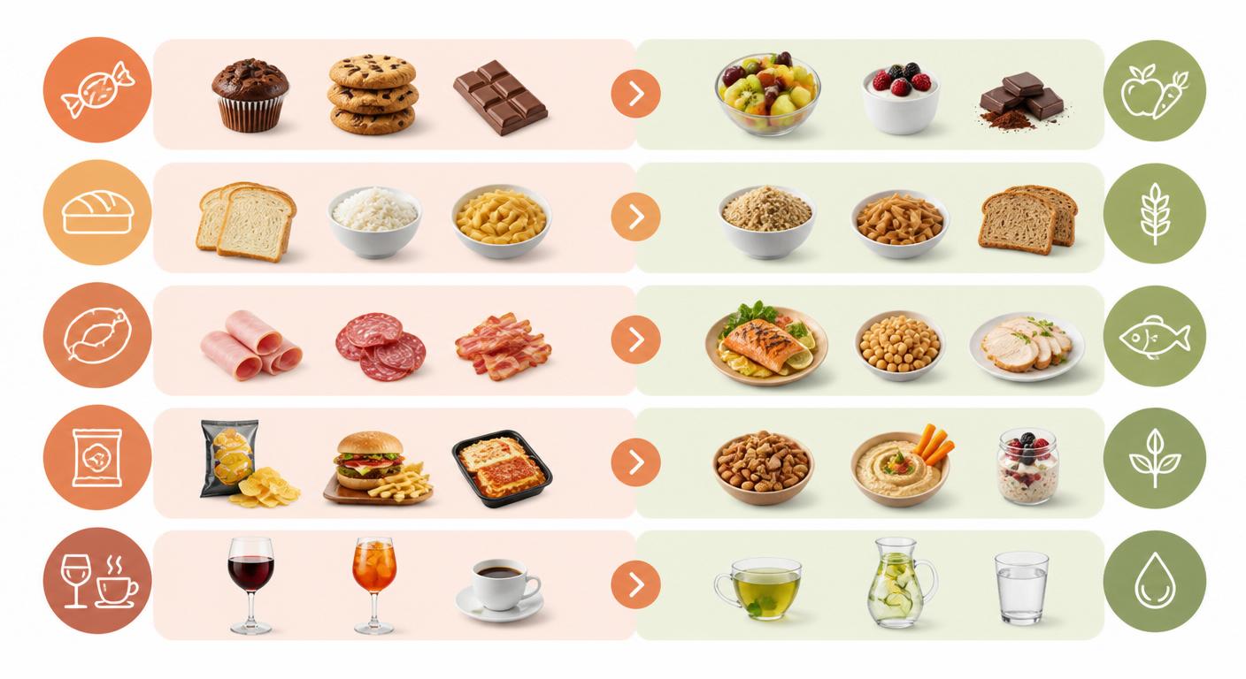Infographie des 5 aliments à limiter et leurs substituts anti-fatigue