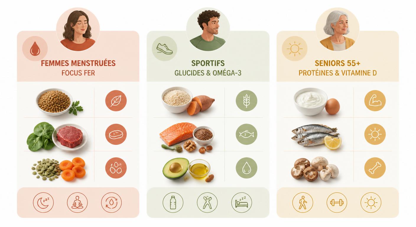 Infographie des priorités anti-fatigue par profil (femmes, sportifs, seniors)