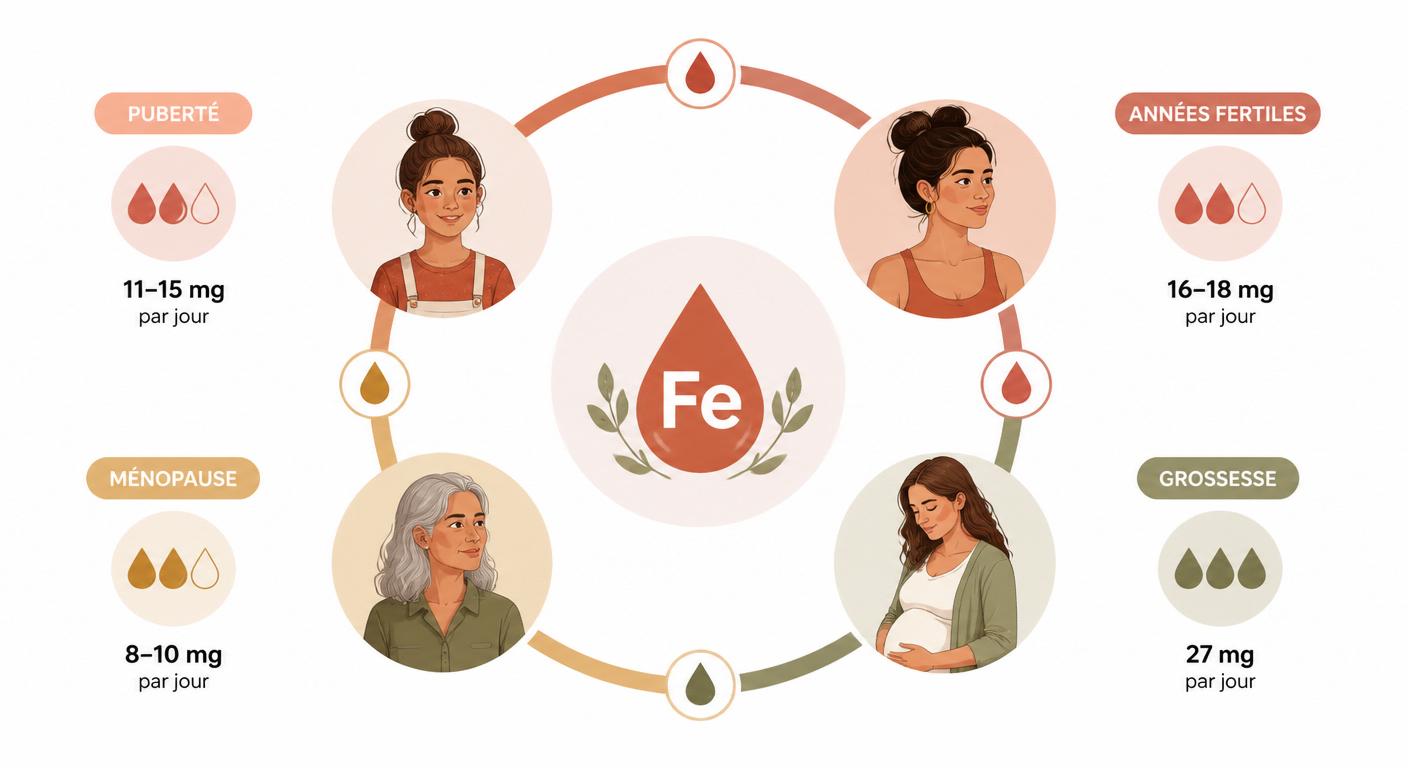 Infographie des besoins en fer selon le cycle féminin et les étapes de vie