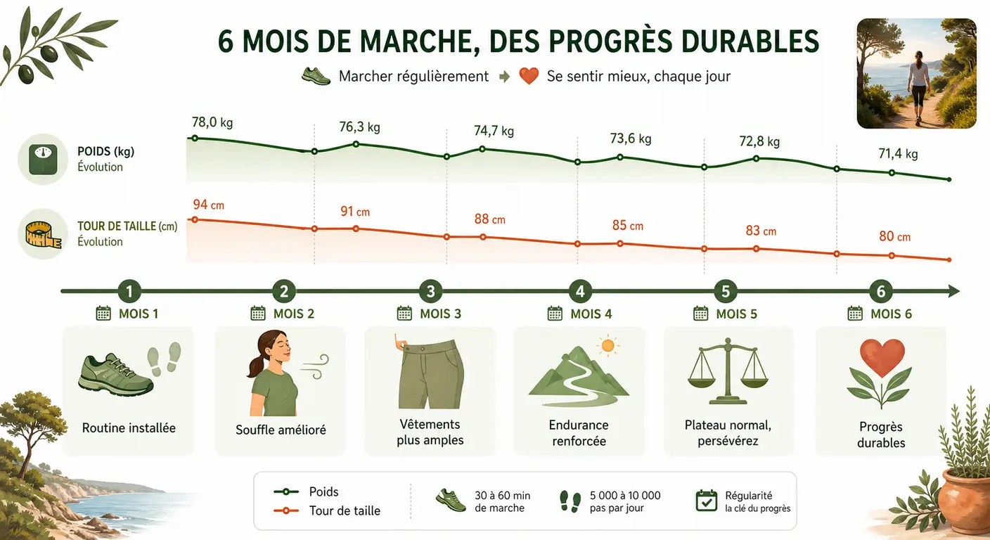Frise des résultats réalistes de la marche sur six mois