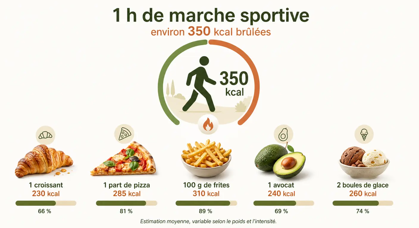 Équivalences caloriques d'une heure de marche soutenue comparées à des aliments du quotidien