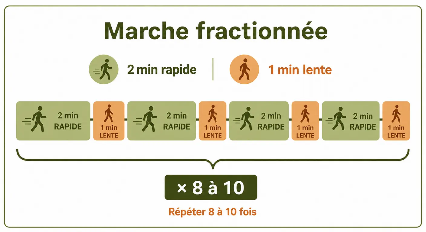 Schéma d'une séance de marche fractionnée 2 minutes rapide 1 minute lente