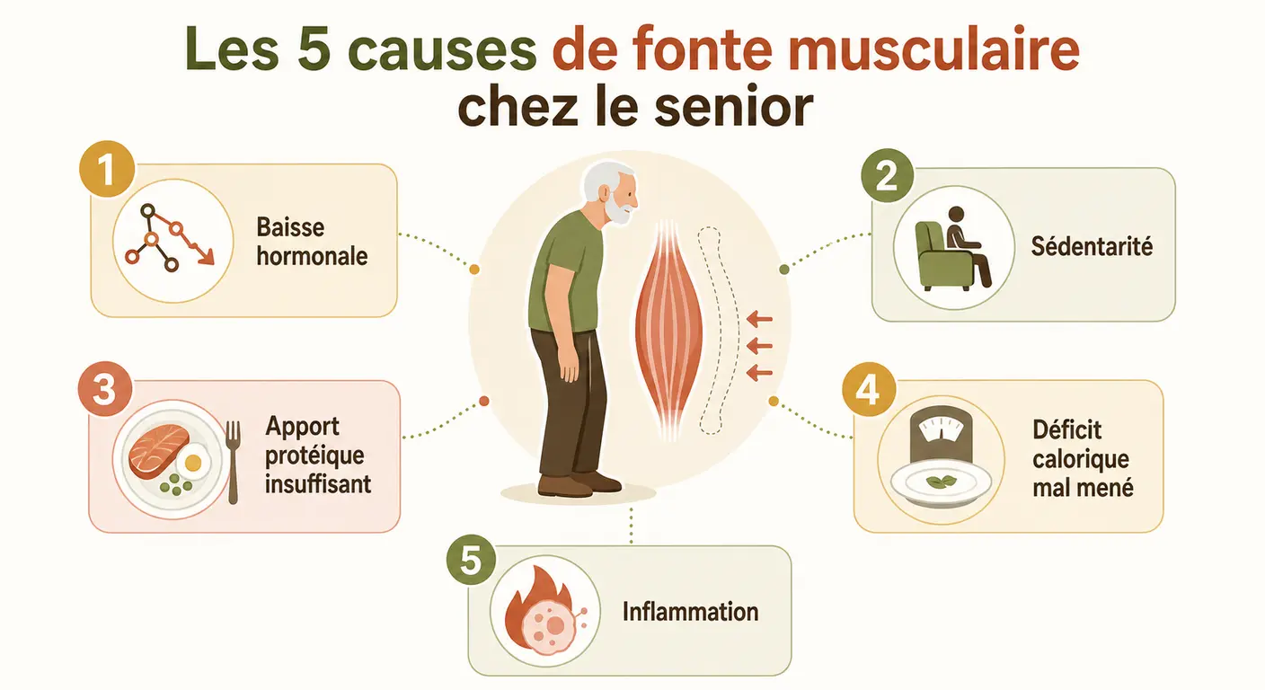 Infographie des causes de fonte musculaire après 60 ans
