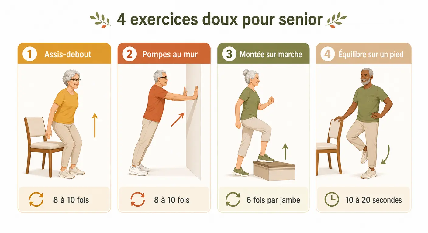Infographie de 4 exercices de renforcement pour senior