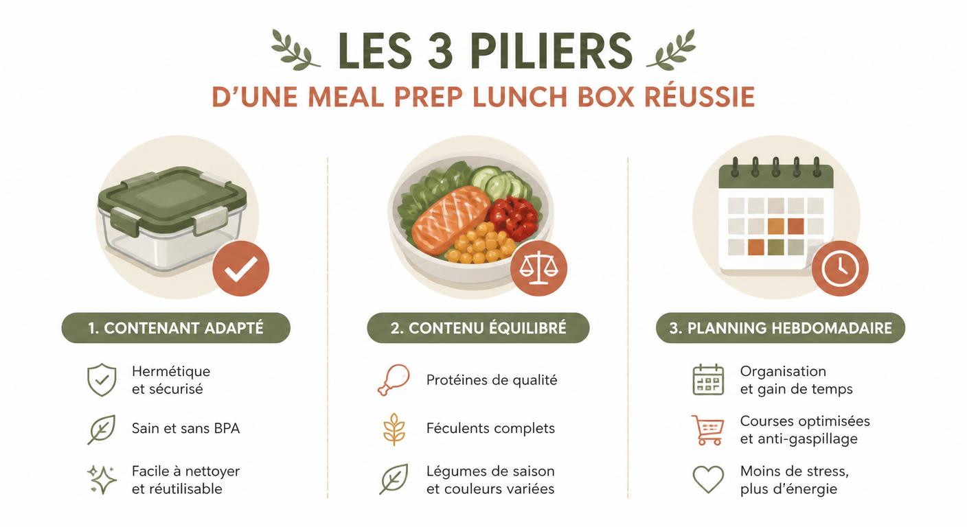 Infographie des 3 piliers d'une meal prep lunch box équilibrée