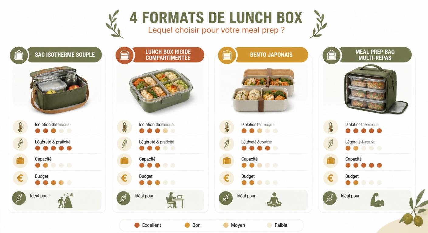 Infographie comparative des 4 formats de lunch box pour le meal prep