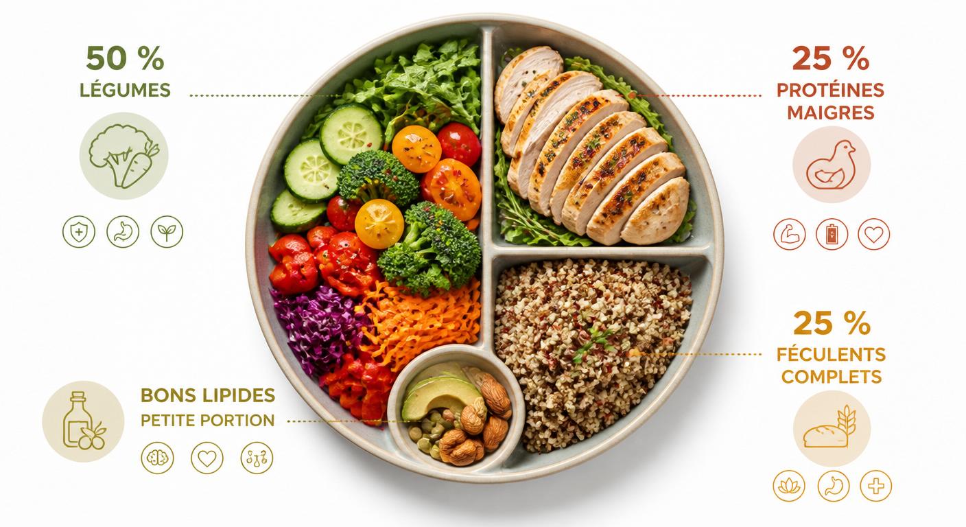 Infographie de l'assiette lunch box équilibrée en 4 composantes