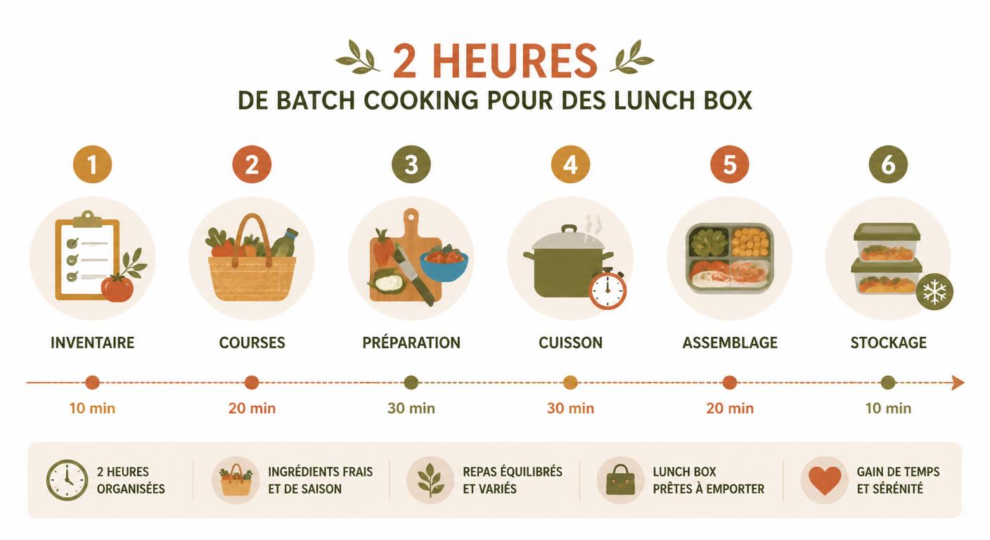 Infographie chronologie d'une session de batch cooking de 2 heures pour lunch box