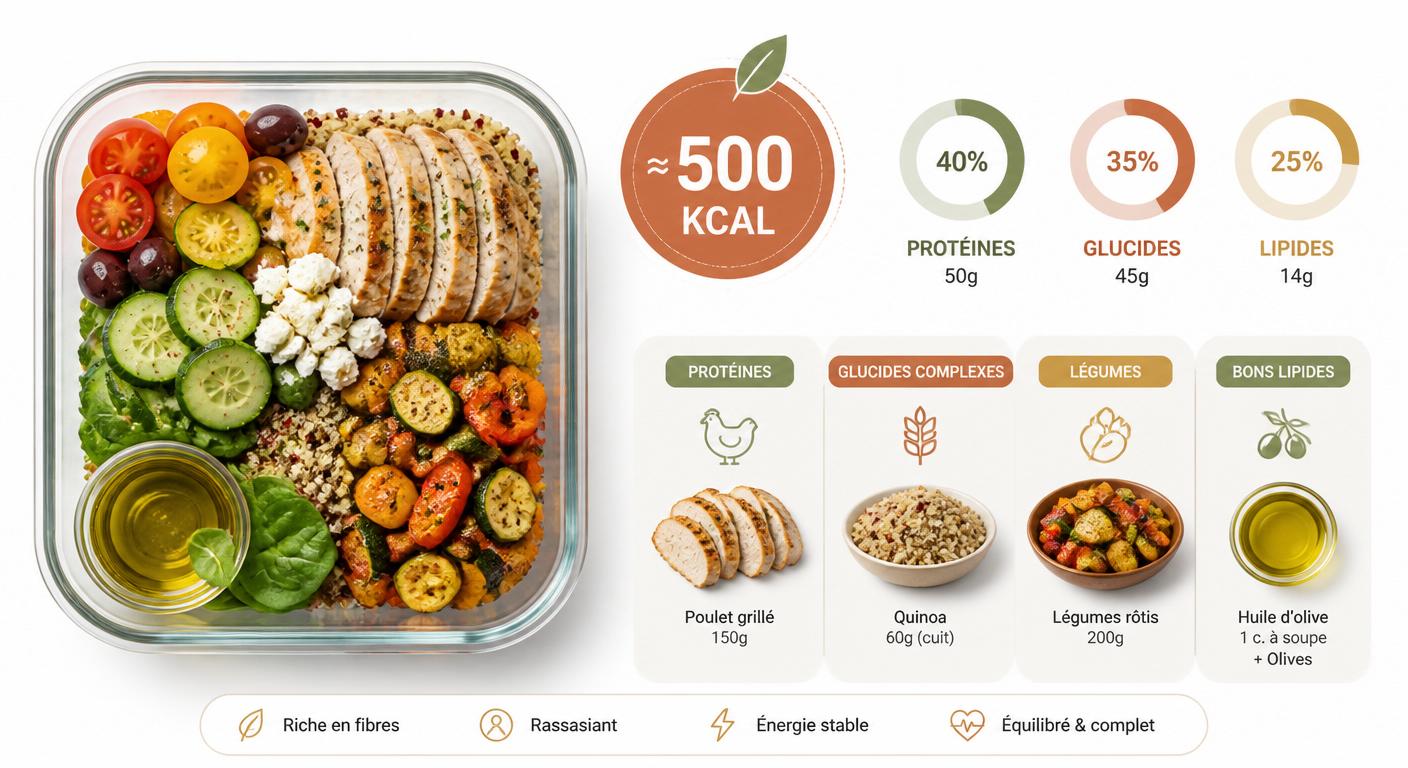 Infographie d'une lunch box minceur rassasiante à 500 kcal