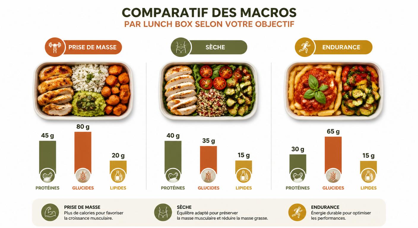 Infographie des macros par lunch box selon l'objectif sportif