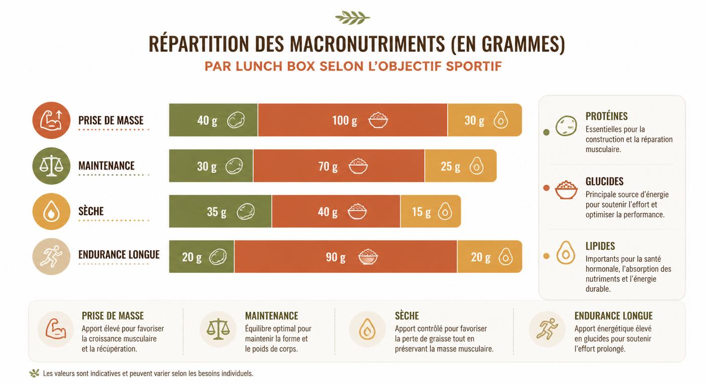 Infographie de la répartition des macros par lunch box selon l'objectif sportif