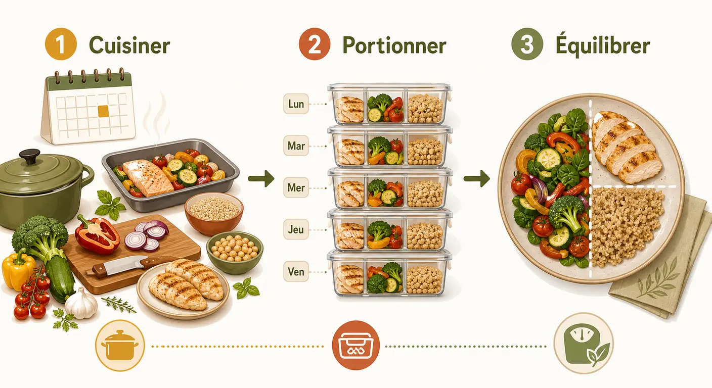Infographie expliquant le fonctionnement du meal prep perte de poids