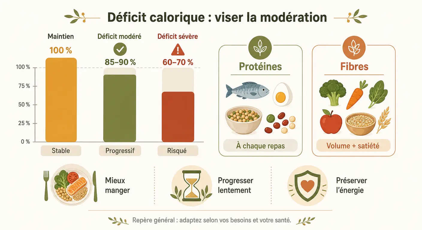 Infographie sur le déficit calorique modéré et la satiété