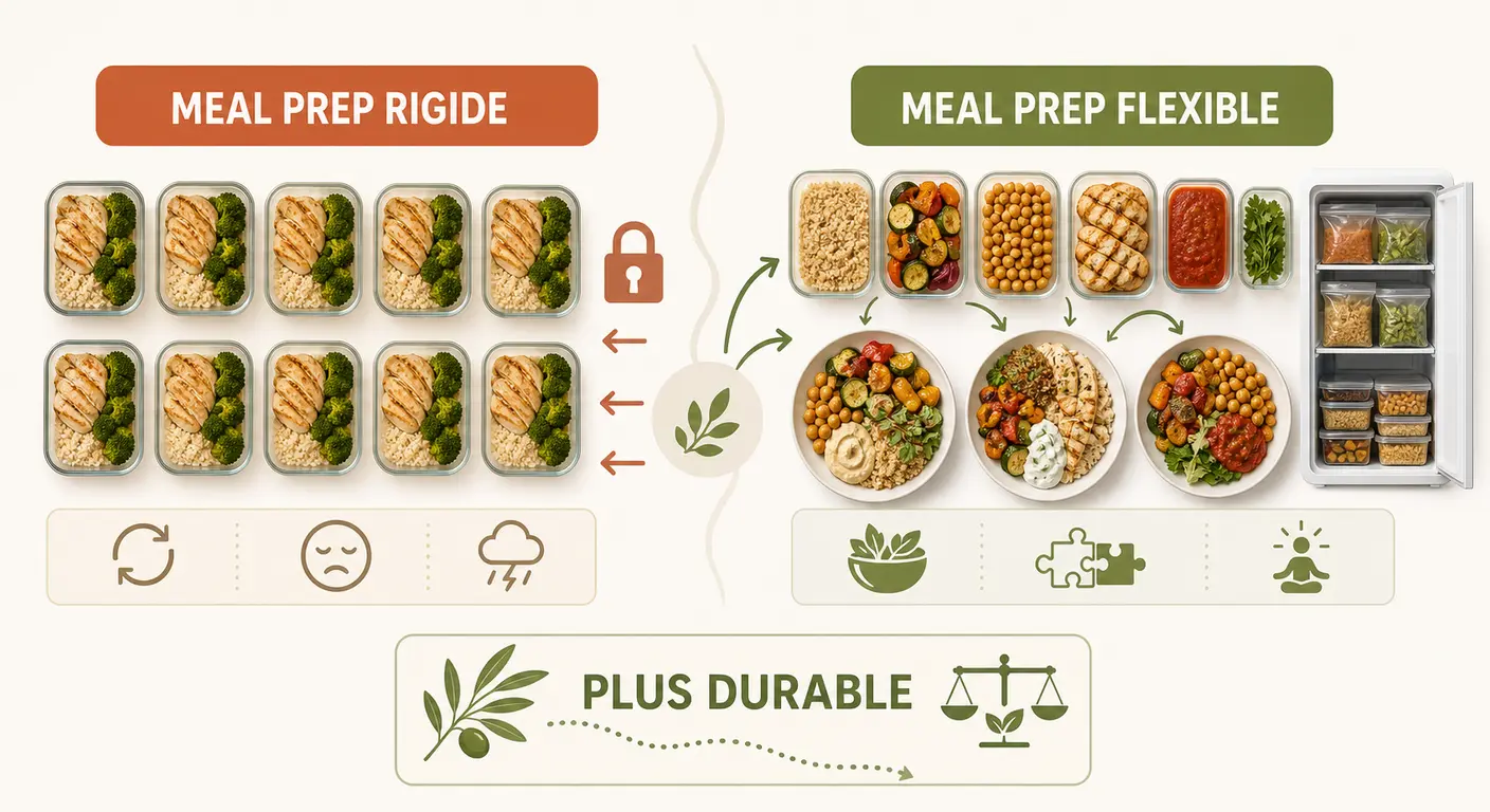 Infographie opposant meal prep rigide et meal prep flexible