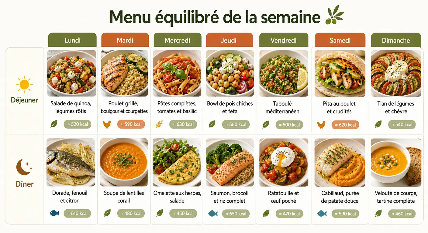 Infographie du menu meal prep minceur sur 7 jours