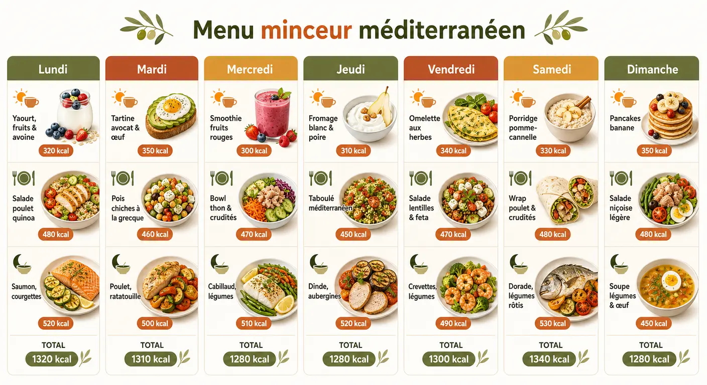 Infographie du menu minceur détaillé jour par jour
