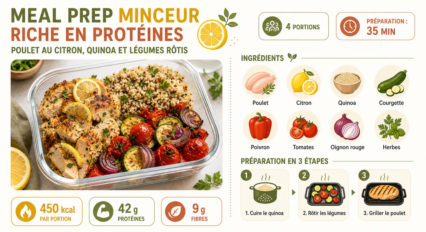 Infographie de la recette poulet citron, quinoa et légumes rôtis pour meal prep